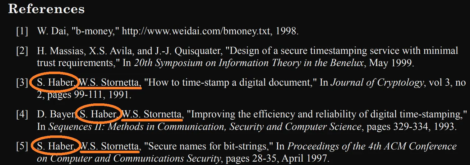 The first five references listed in the Bitcoin whitepaper