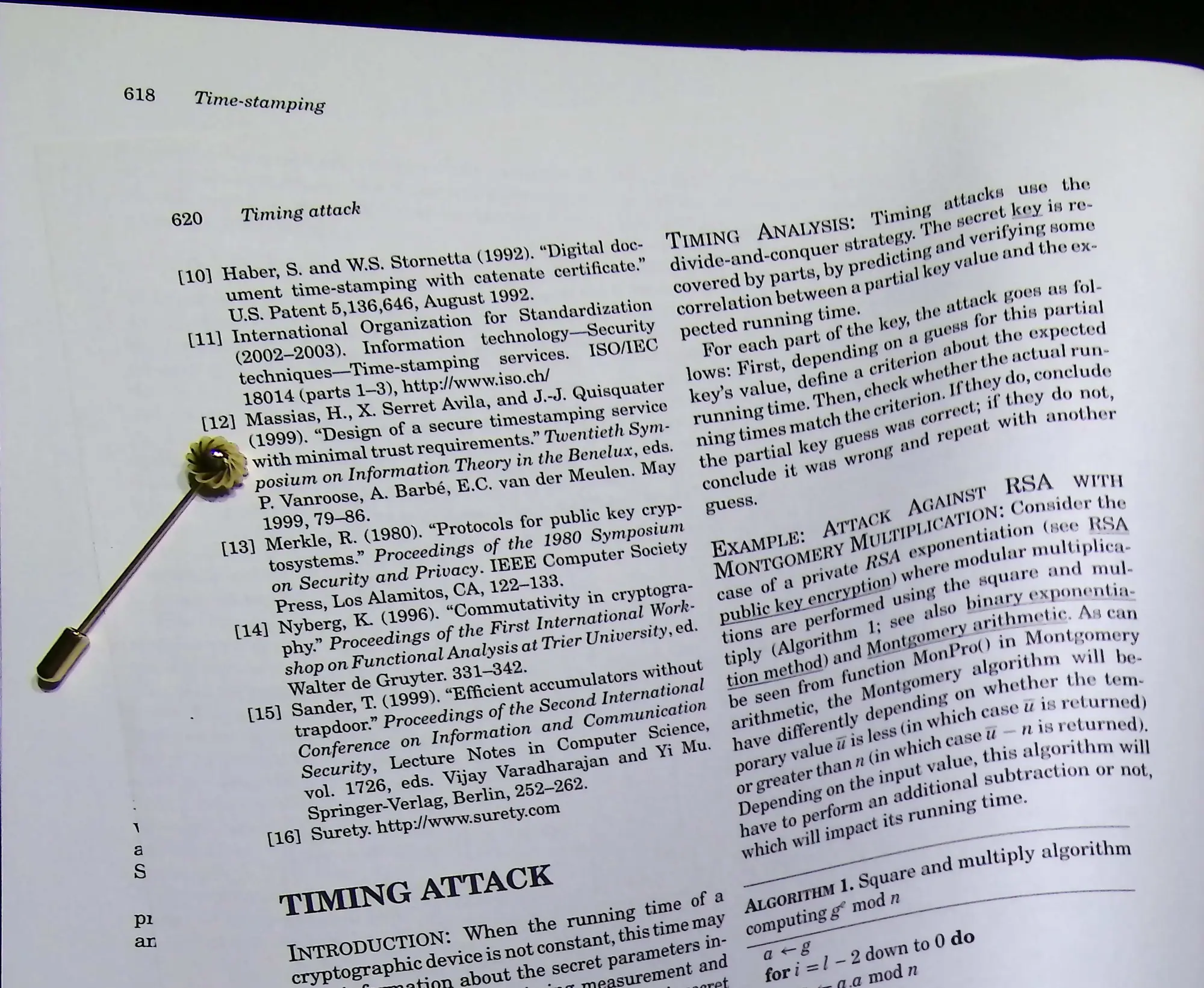 Photographed encyclopedia pages showing the Time-stamping chapter references