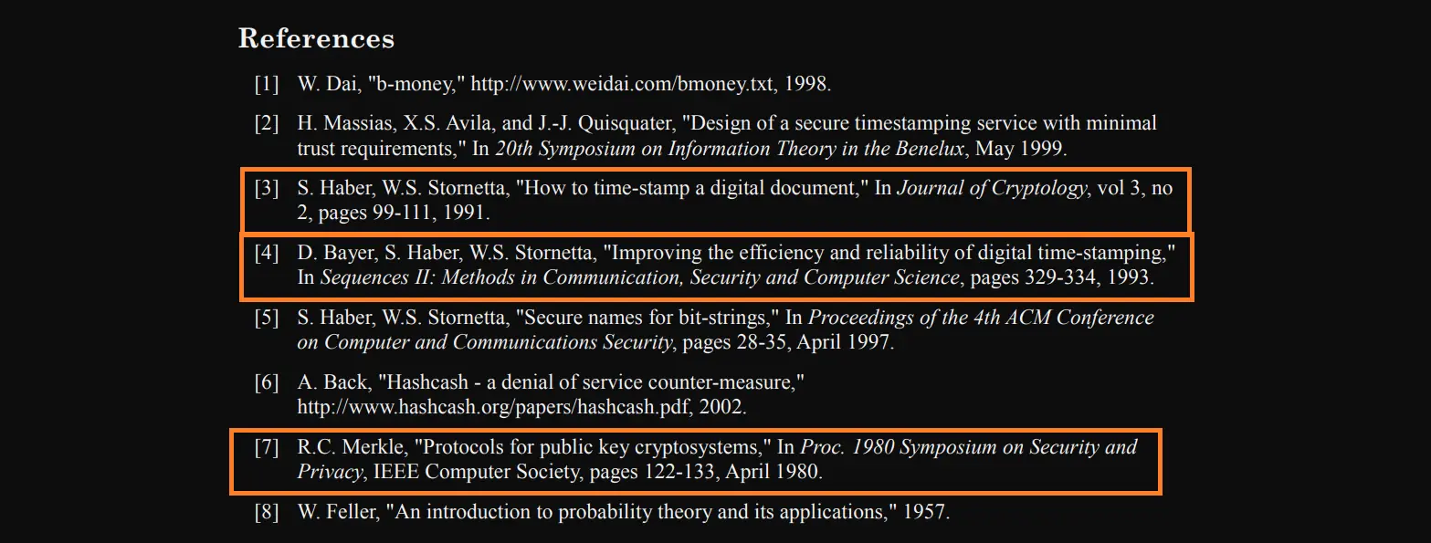 All eight references listed in the Bitcoin whitepaper